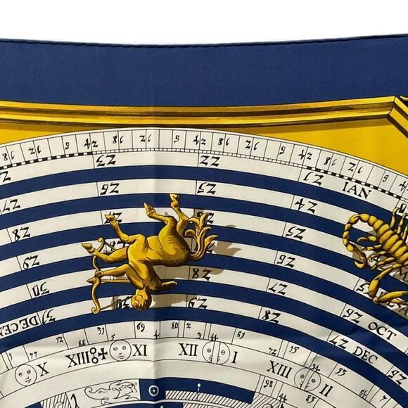 Vintage Hermès silk scarf Dies Et Hore Horoscope By Facconet Navy Blue Gold - Picture 13 of 15